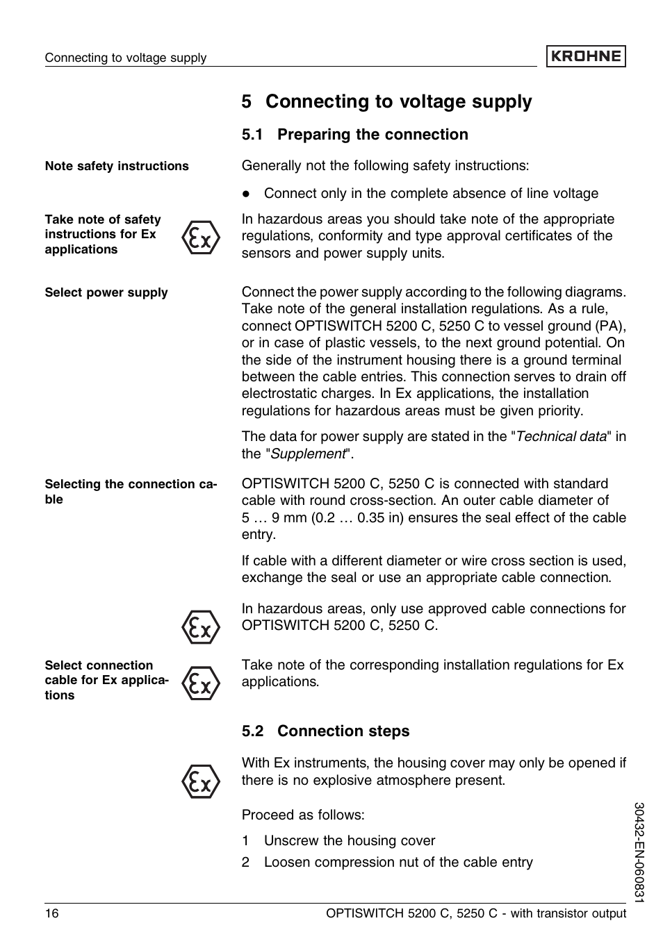 5 connecting to voltage supply, 1 preparing the connection, 2 connection steps | KROHNE OPTISWITCH 5200C Transistor EN User Manual | Page 16 / 36