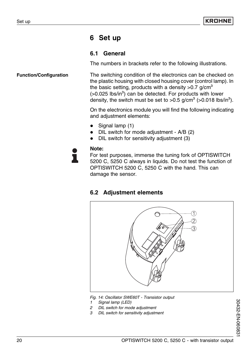 6 set up, 1 general, 2 adjustment elements | KROHNE OPTISWITCH 5200C Transistor EN User Manual | Page 20 / 36