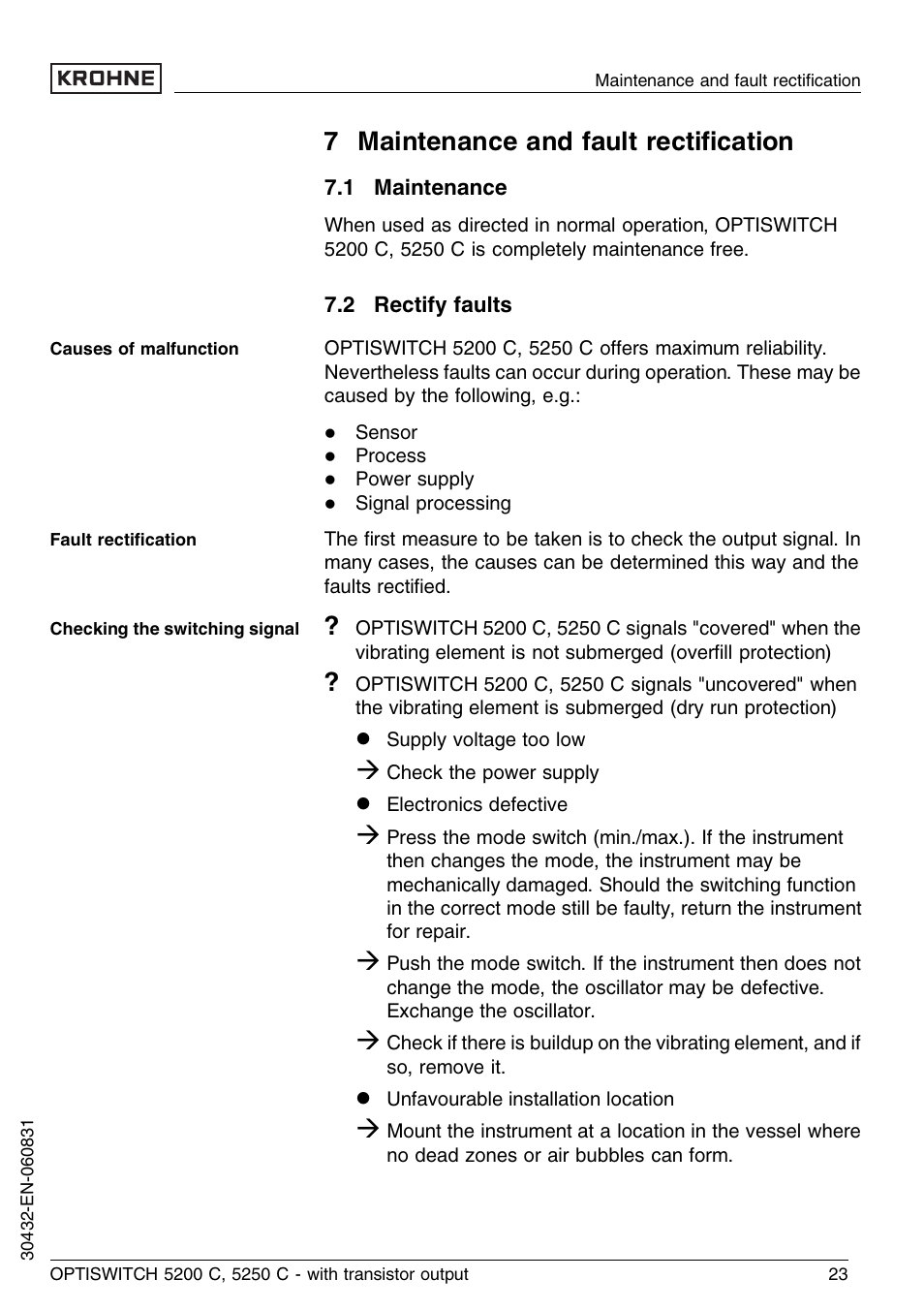 7 maintenance and fault rectification, 1 maintenance, 2 rectify faults | 7 maintenance and fault rectiﬁcation | KROHNE OPTISWITCH 5200C Transistor EN User Manual | Page 23 / 36