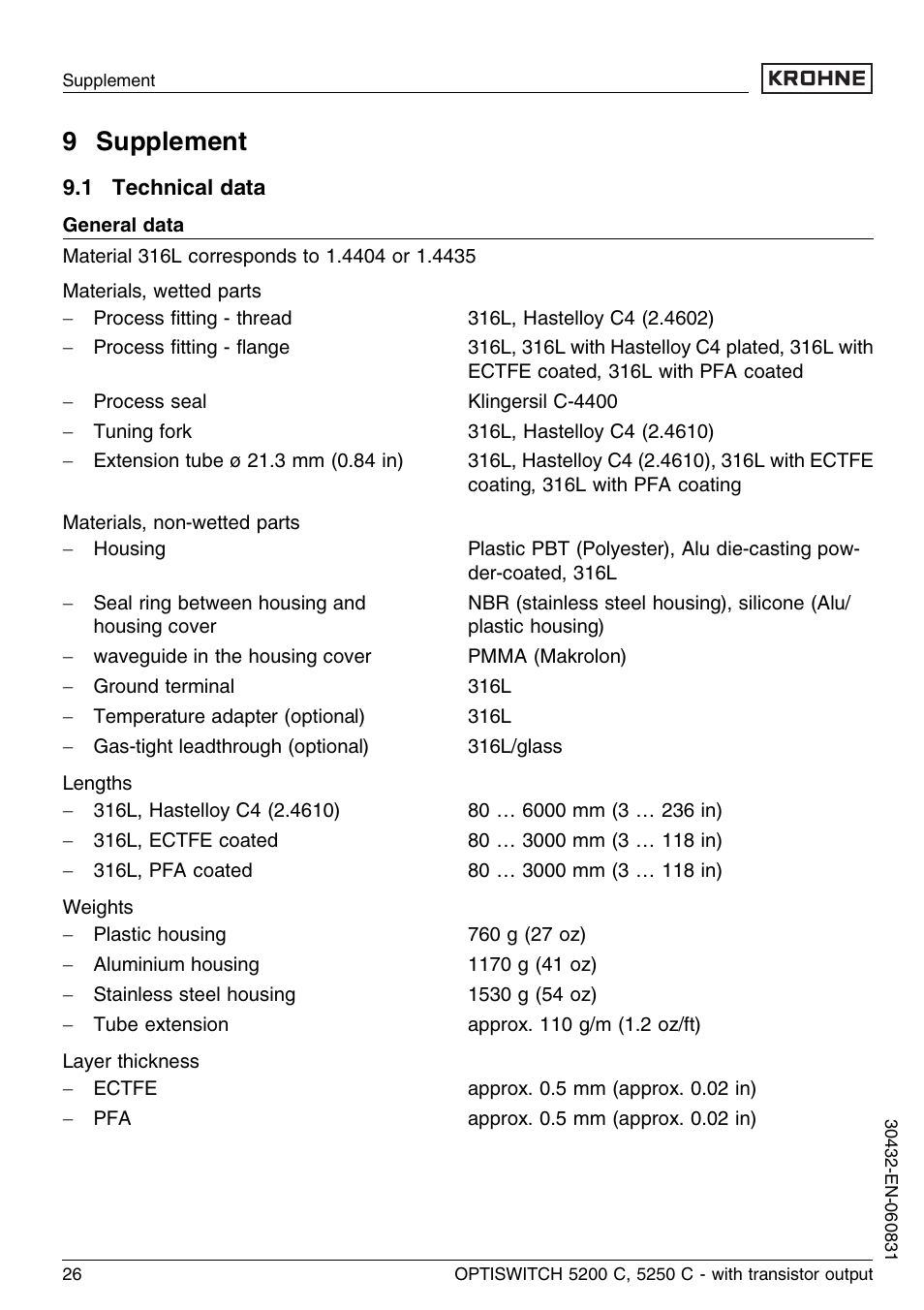 9 supplement, 1 technical data | KROHNE OPTISWITCH 5200C Transistor EN User Manual | Page 26 / 36