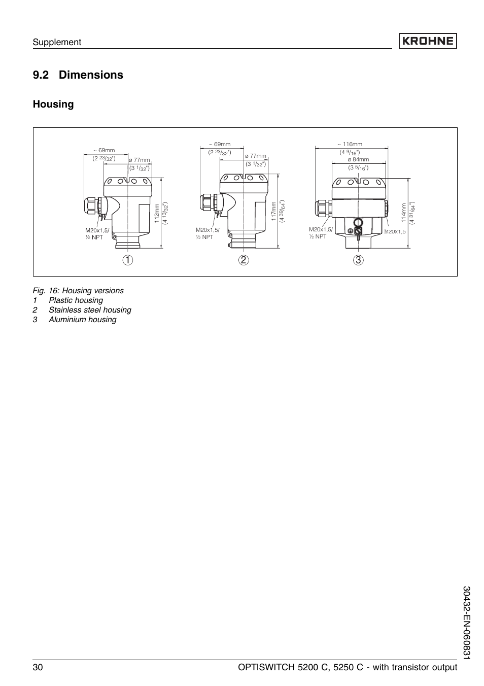 2 dimensions, Housing | KROHNE OPTISWITCH 5200C Transistor EN User Manual | Page 30 / 36