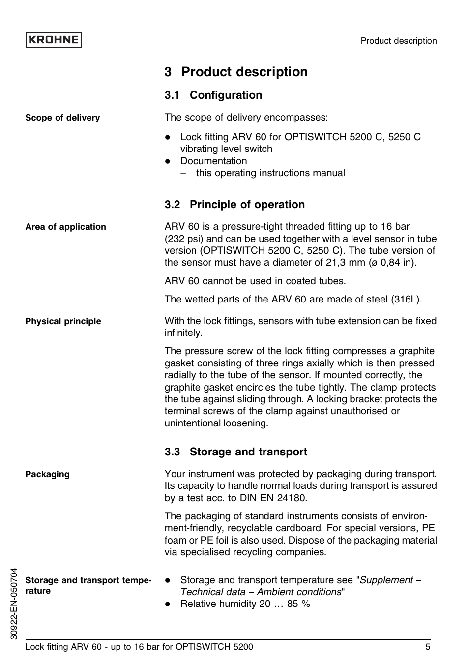 3 product description, 1 configuration, 2 principle of operation | 3 storage and transport | KROHNE OPTISWITCH 52x0C ARV52 16bar EN User Manual | Page 5 / 14