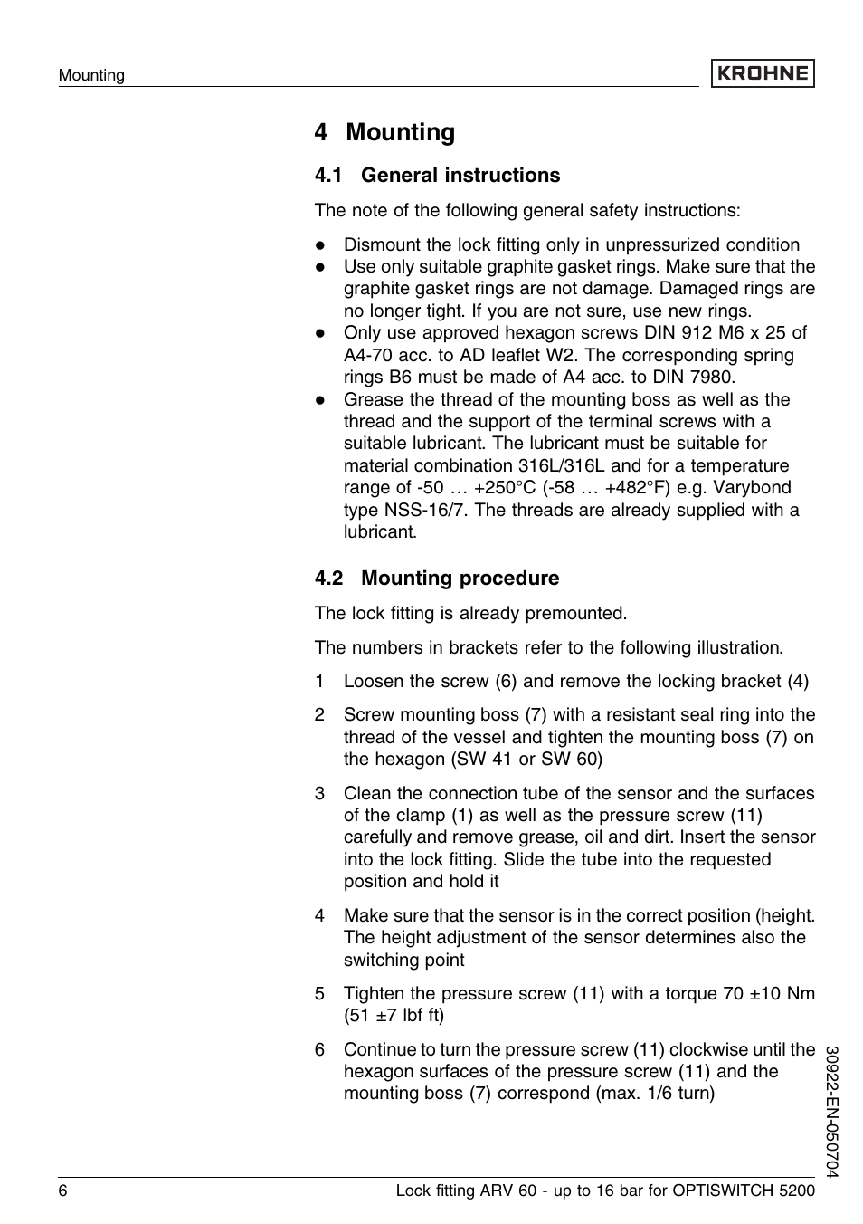 4 mounting, 1 general instructions, 2 mounting procedure | KROHNE OPTISWITCH 52x0C ARV52 16bar EN User Manual | Page 6 / 14