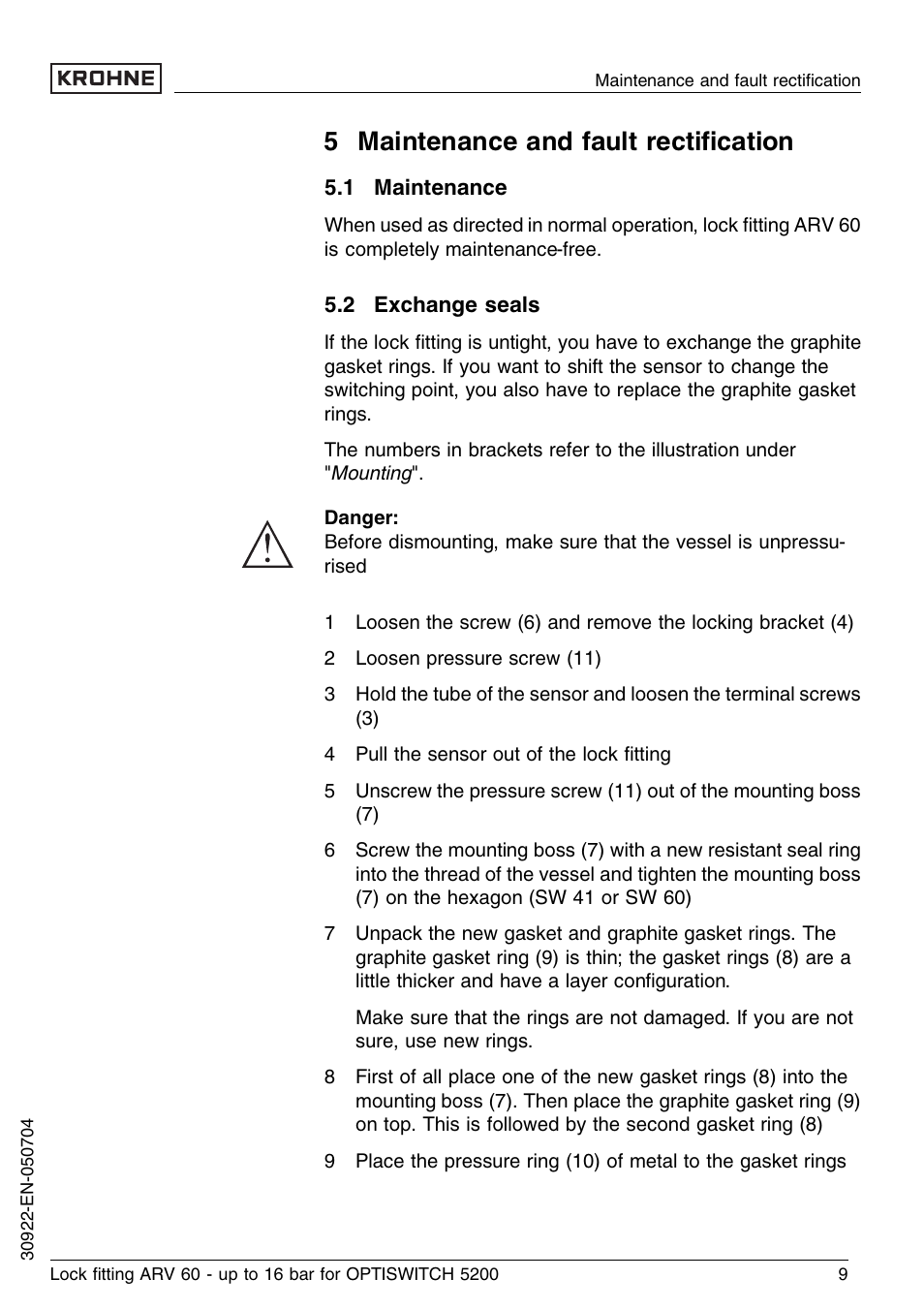 5 maintenance and fault rectification, 1 maintenance, 2 exchange seals | 5 maintenance and fault rectiﬁcation | KROHNE OPTISWITCH 52x0C ARV52 16bar EN User Manual | Page 9 / 14