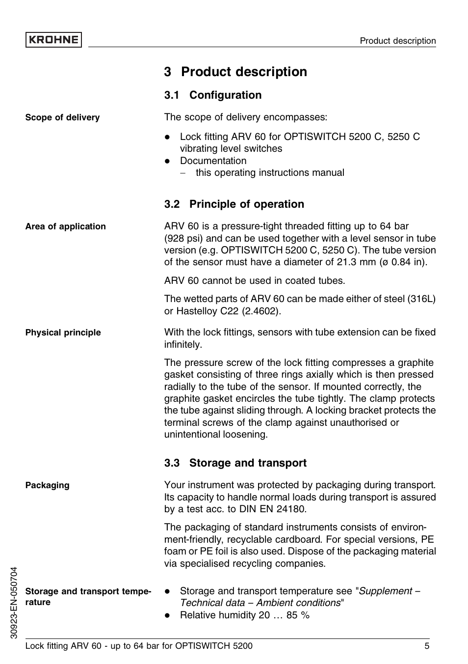 3 product description, 1 configuration, 2 principle of operation | 3 storage and transport | KROHNE OPTISWITCH 52x0C ARV52 64bar EN User Manual | Page 5 / 14