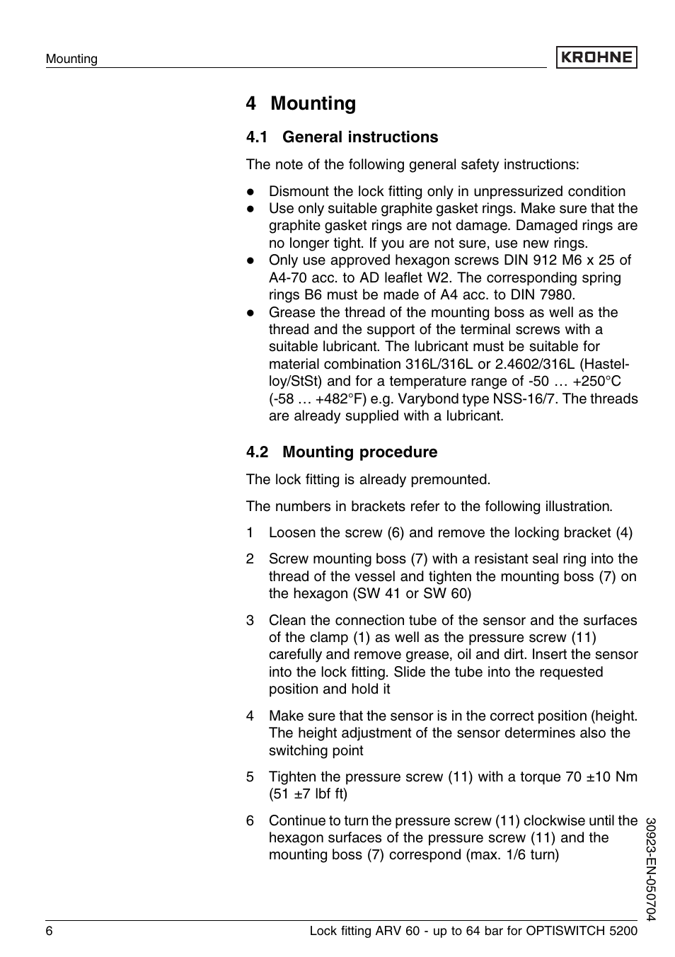 4 mounting, 1 general instructions, 2 mounting procedure | KROHNE OPTISWITCH 52x0C ARV52 64bar EN User Manual | Page 6 / 14