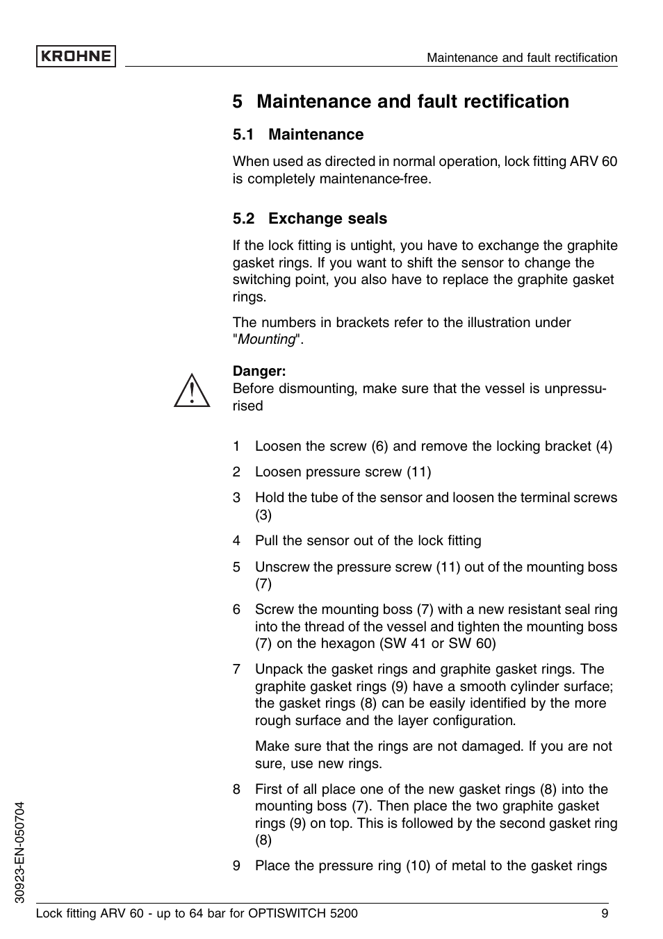 5 maintenance and fault rectification, 1 maintenance, 2 exchange seals | 5 maintenance and fault rectiﬁcation | KROHNE OPTISWITCH 52x0C ARV52 64bar EN User Manual | Page 9 / 14