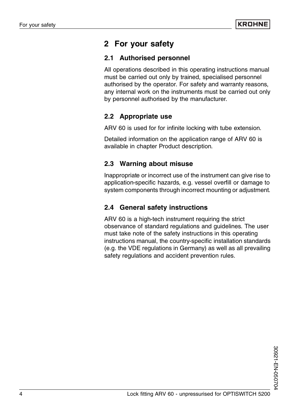2 for your safety, 1 authorised personnel, 2 appropriate use | 3 warning about misuse, 4 general safety instructions | KROHNE OPTISWITCH 52x0C ARV52 unpressurized EN User Manual | Page 4 / 10