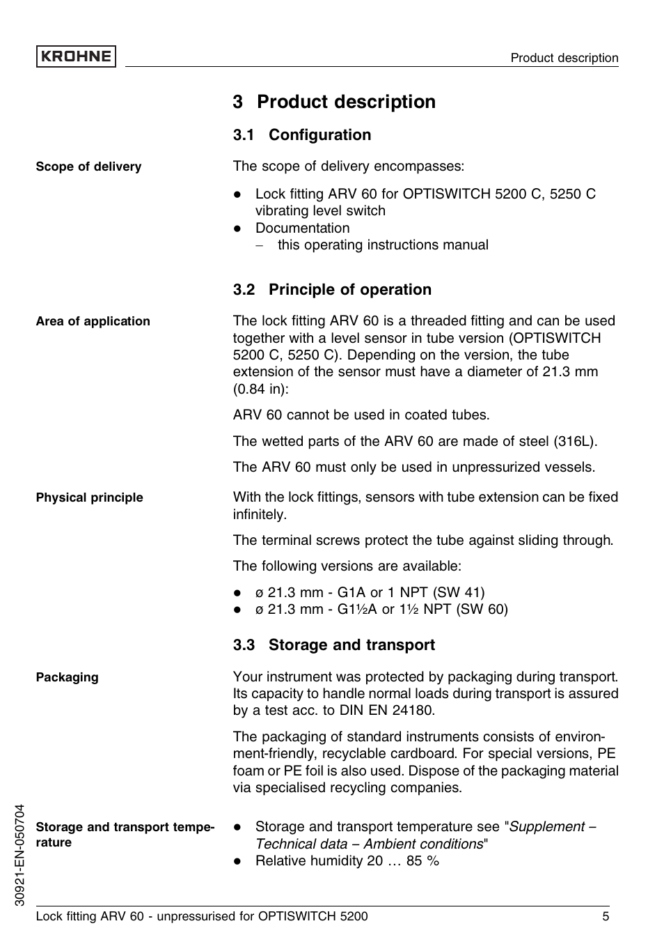 3 product description, 1 configuration, 2 principle of operation | 3 storage and transport | KROHNE OPTISWITCH 52x0C ARV52 unpressurized EN User Manual | Page 5 / 10