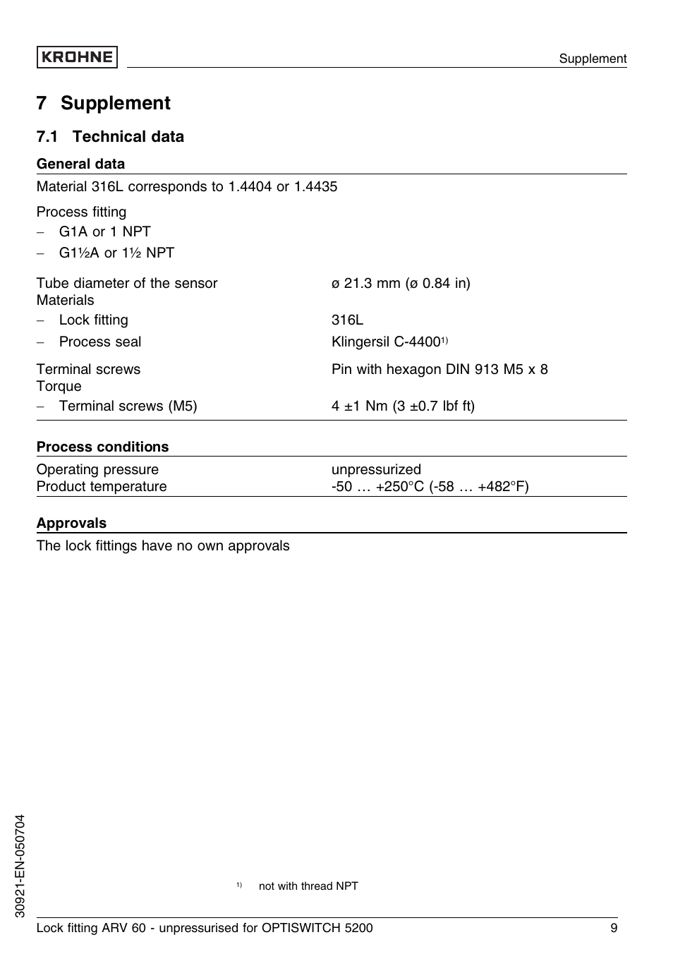 7 supplement, 1 technical data | KROHNE OPTISWITCH 52x0C ARV52 unpressurized EN User Manual | Page 9 / 10