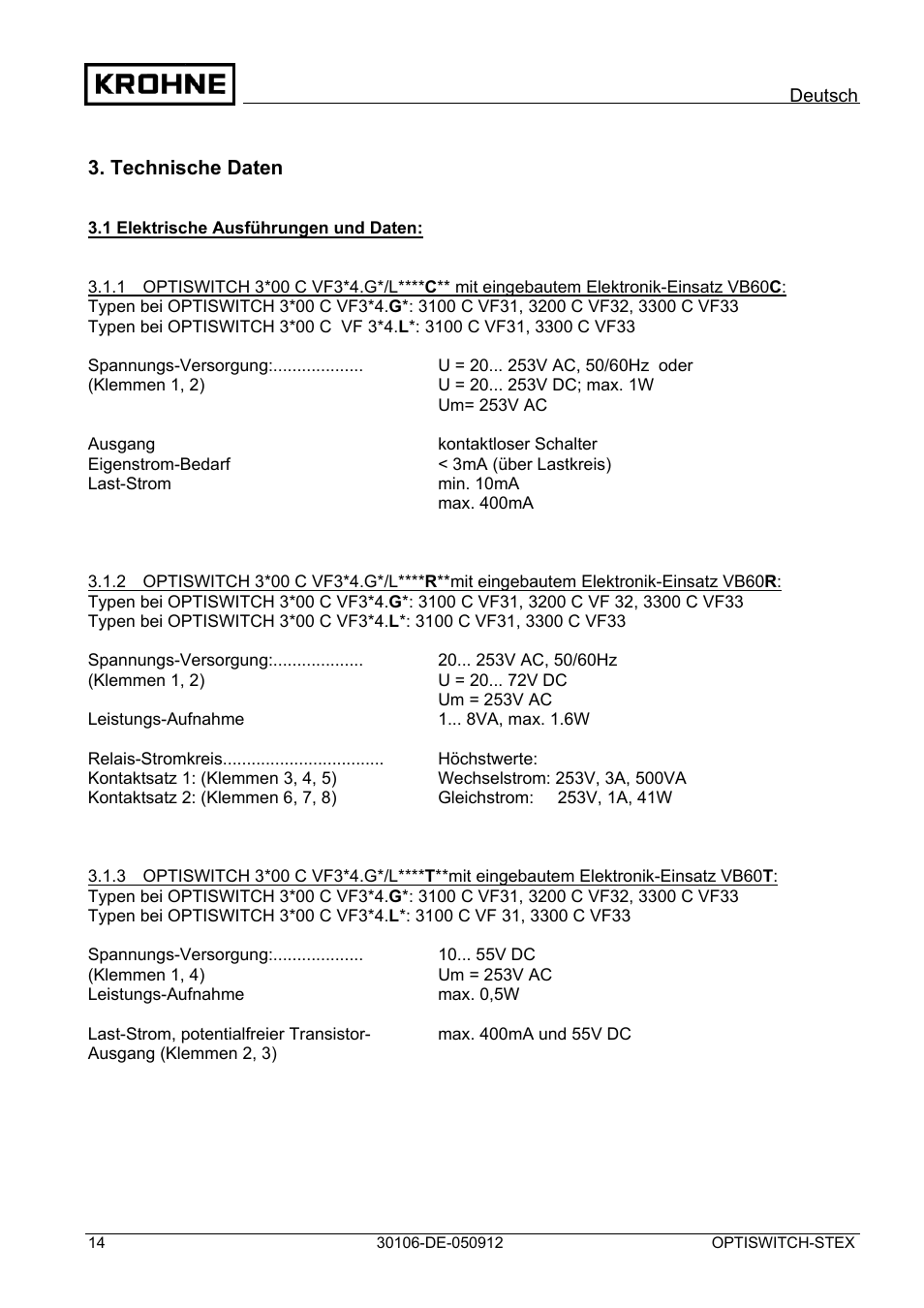 KROHNE OPTISWITCH 3x00 EX II1_2D-II2D-IP66T DE User Manual | Page 14 / 36