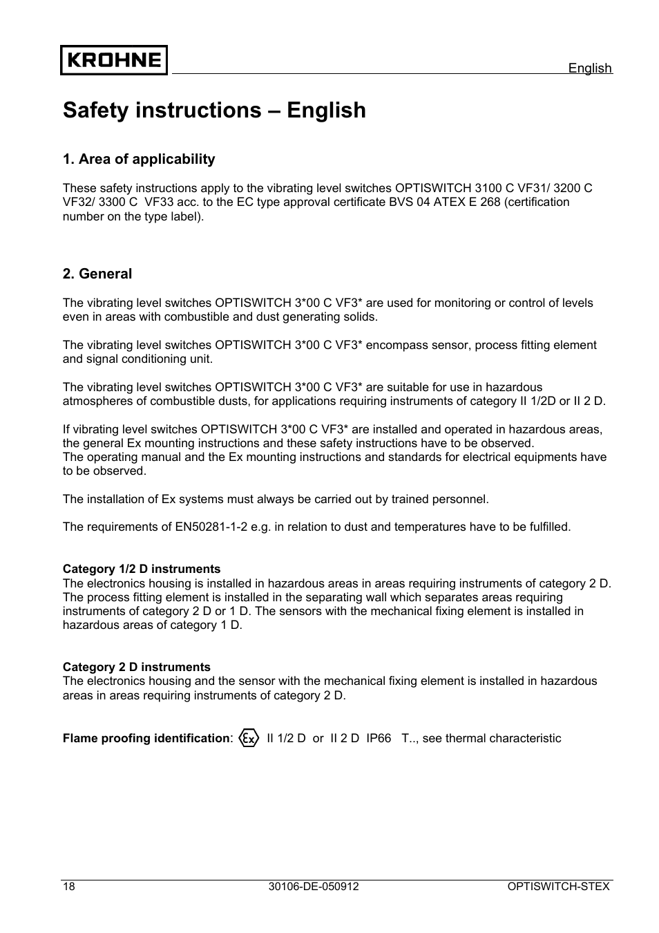 Safety instructions – english | KROHNE OPTISWITCH 3x00 EX II1_2D-II2D-IP66T DE User Manual | Page 18 / 36