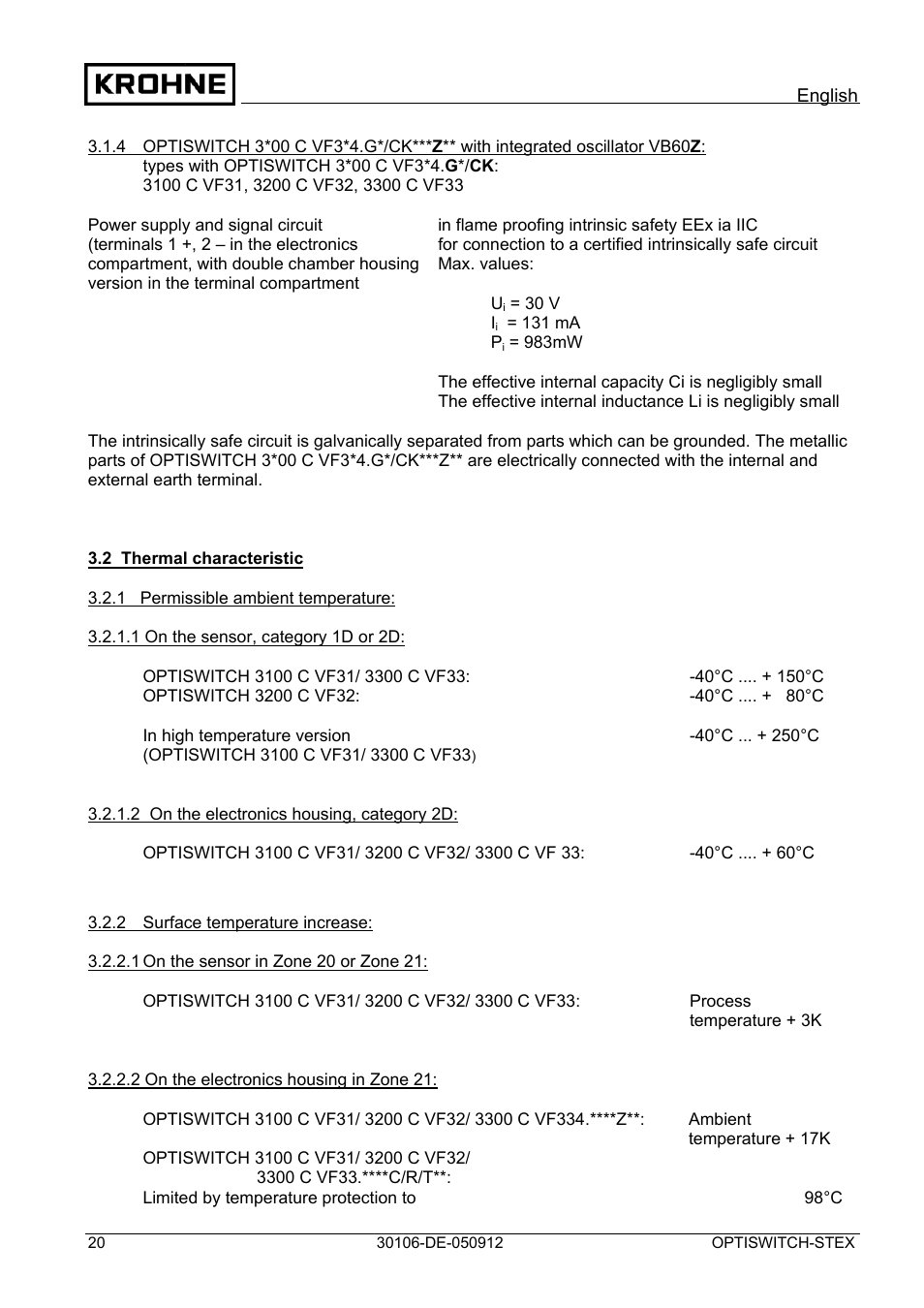 KROHNE OPTISWITCH 3x00 EX II1_2D-II2D-IP66T DE User Manual | Page 20 / 36