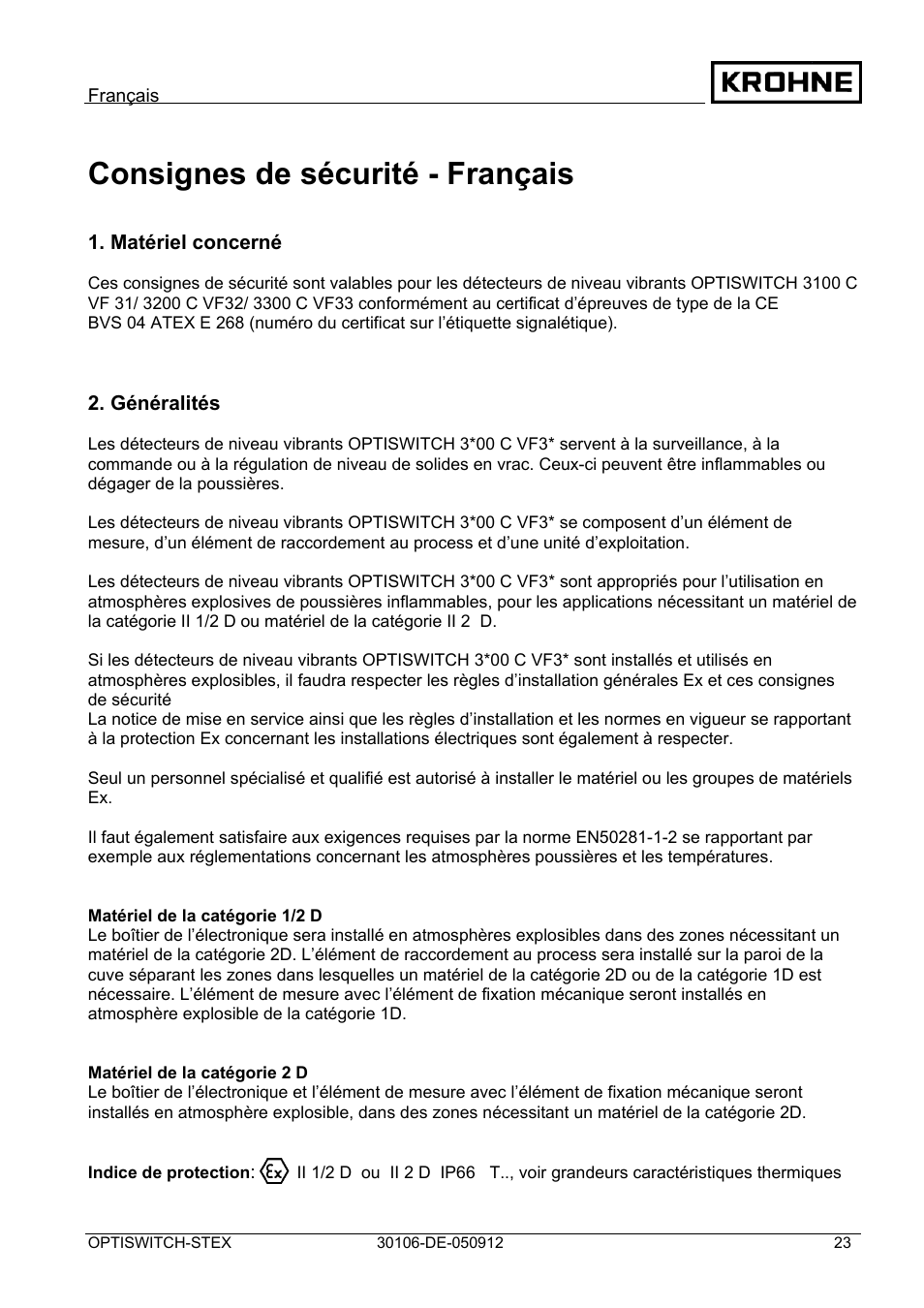 Consignes de sécurité - français | KROHNE OPTISWITCH 3x00 EX II1_2D-II2D-IP66T DE User Manual | Page 23 / 36