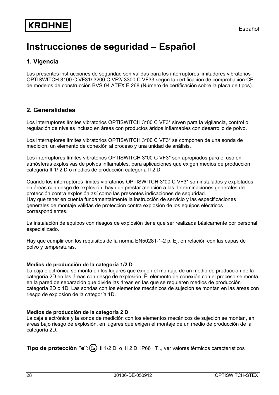 Instrucciones de seguridad – español | KROHNE OPTISWITCH 3x00 EX II1_2D-II2D-IP66T DE User Manual | Page 28 / 36