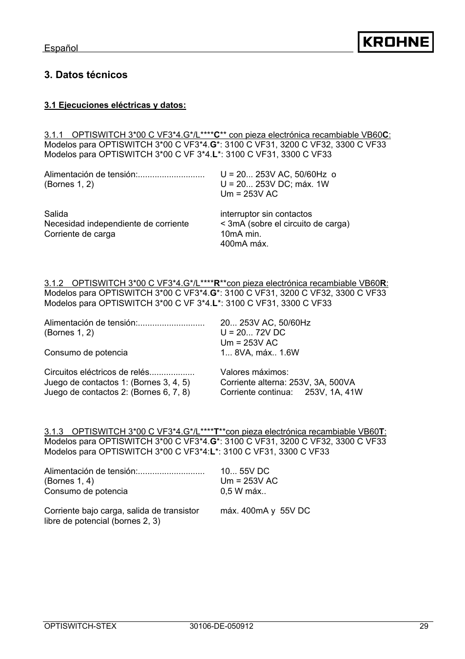 Datos técnicos | KROHNE OPTISWITCH 3x00 EX II1_2D-II2D-IP66T DE User Manual | Page 29 / 36