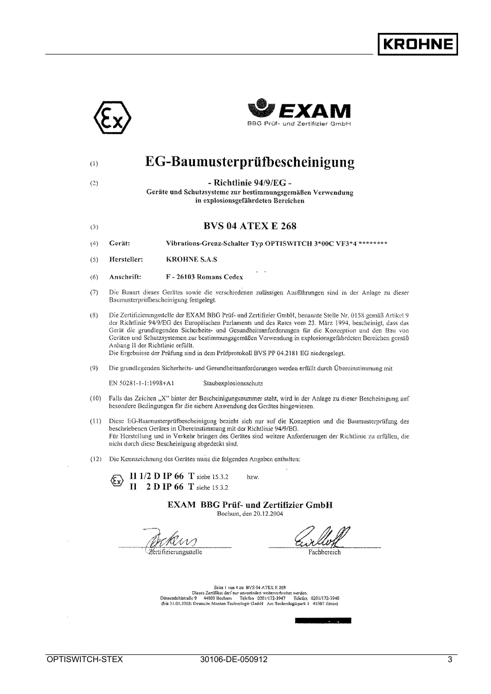 KROHNE OPTISWITCH 3x00 EX II1_2D-II2D-IP66T DE User Manual | Page 3 / 36