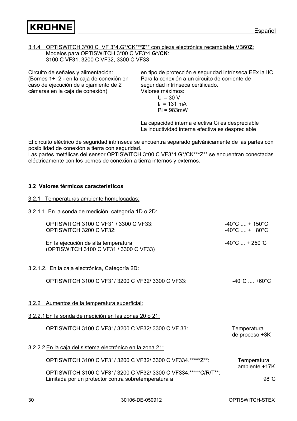 KROHNE OPTISWITCH 3x00 EX II1_2D-II2D-IP66T DE User Manual | Page 30 / 36