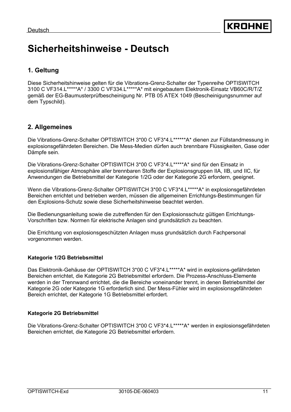 Sicherheitshinweise - deutsch | KROHNE OPTISWITCH 3x00 Ex II1_2G-II2G-EExd IICT6 DE User Manual | Page 11 / 32