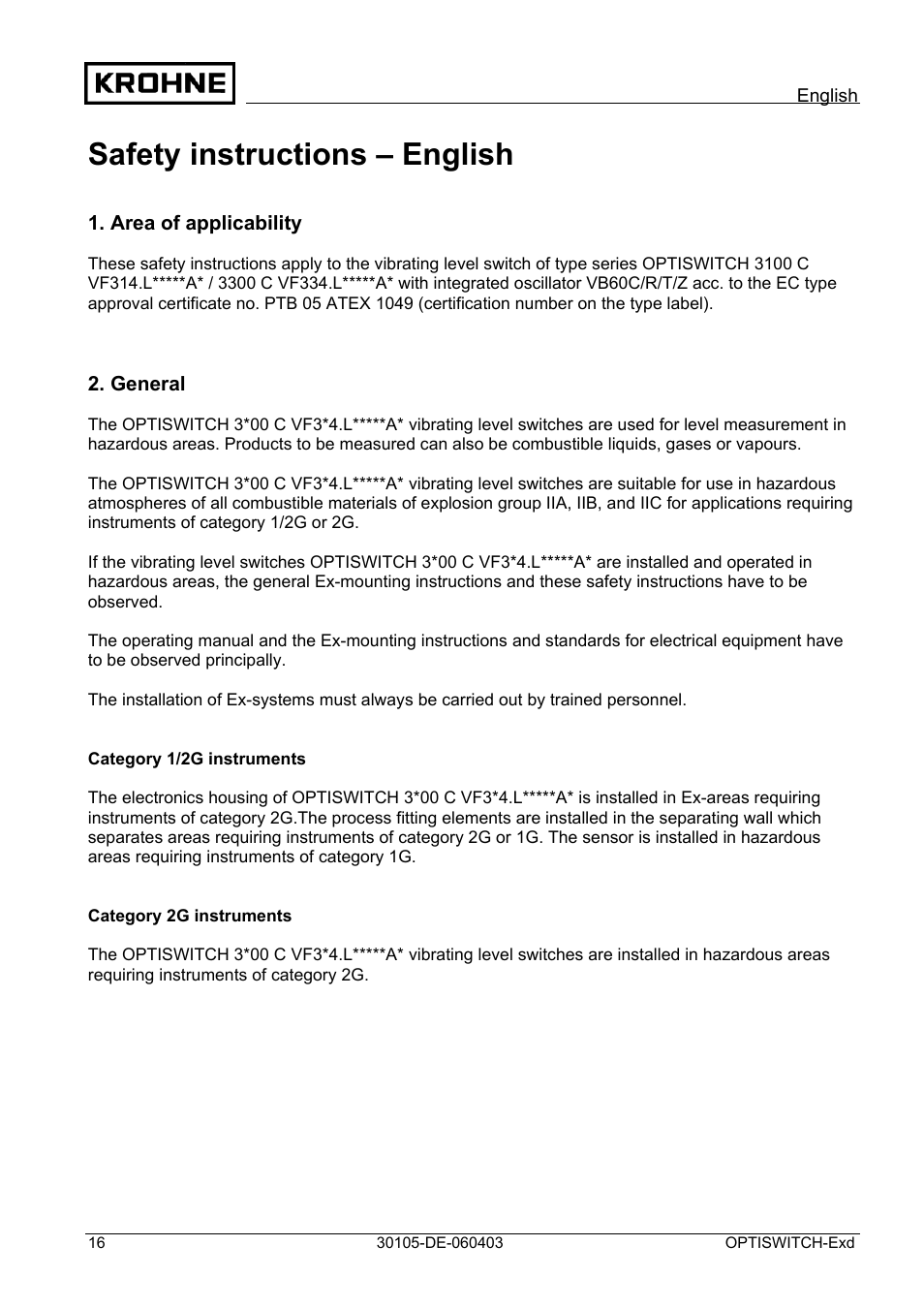 Safety instructions – english | KROHNE OPTISWITCH 3x00 Ex II1_2G-II2G-EExd IICT6 DE User Manual | Page 16 / 32