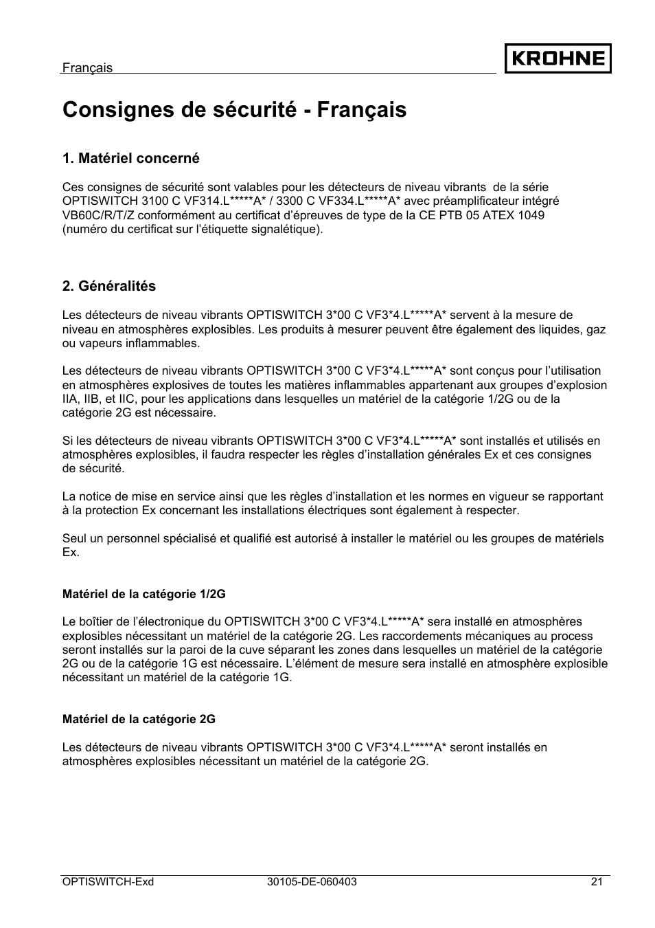 Consignes de sécurité - français | KROHNE OPTISWITCH 3x00 Ex II1_2G-II2G-EExd IICT6 DE User Manual | Page 21 / 32