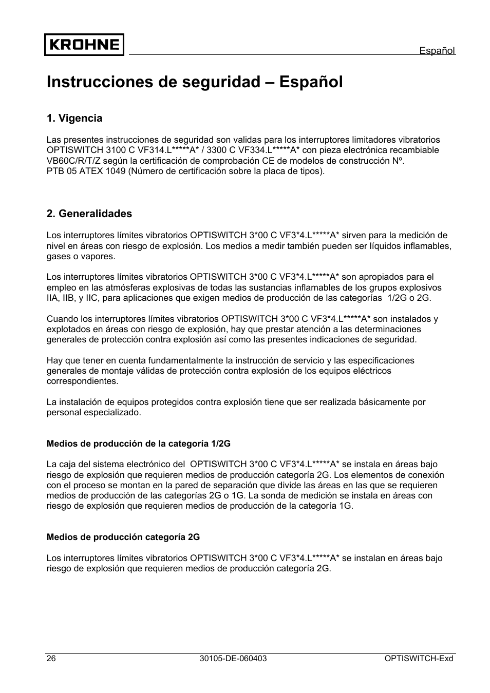 Instrucciones de seguridad – español | KROHNE OPTISWITCH 3x00 Ex II1_2G-II2G-EExd IICT6 DE User Manual | Page 26 / 32