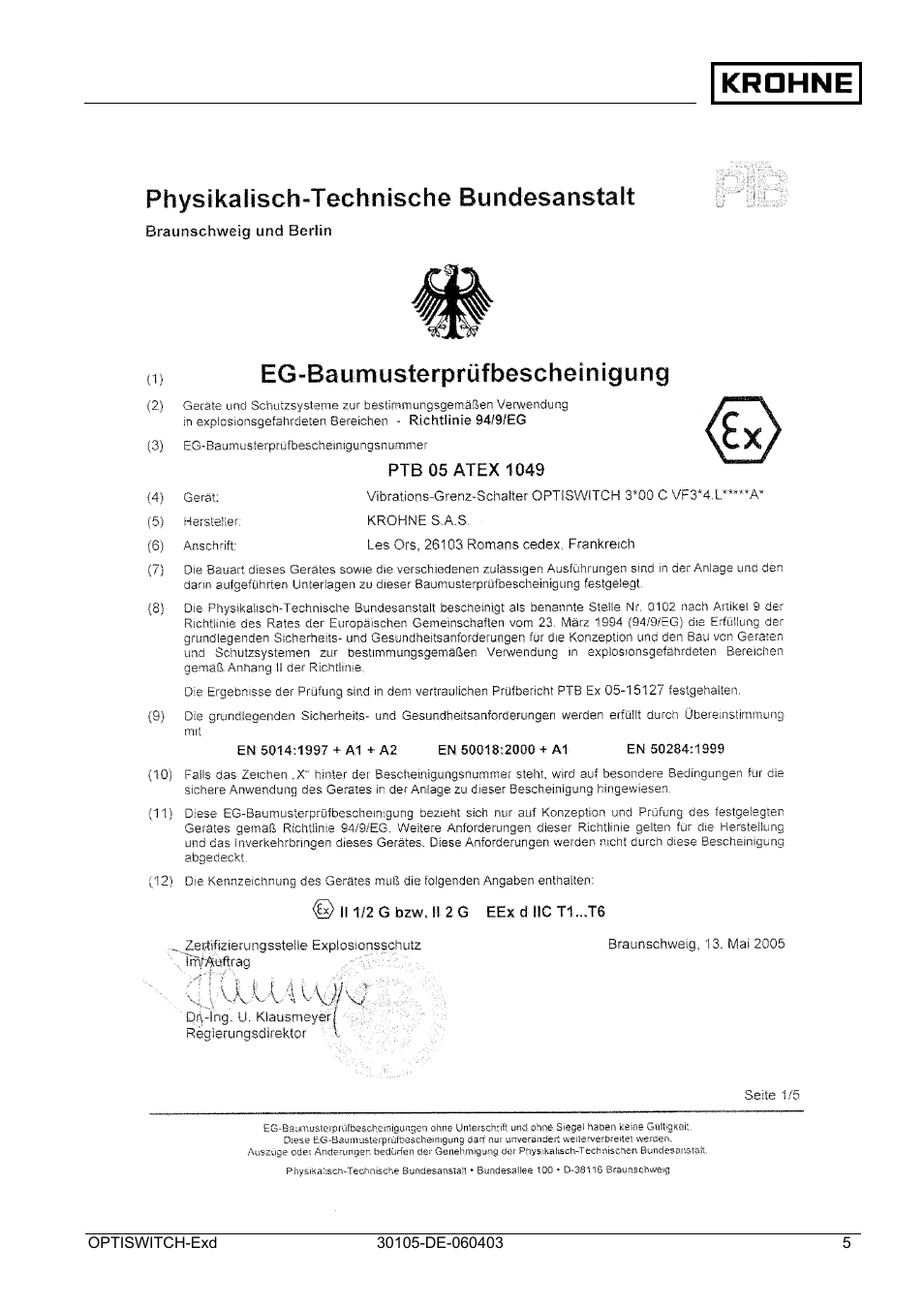 KROHNE OPTISWITCH 3x00 Ex II1_2G-II2G-EExd IICT6 DE User Manual | Page 5 / 32