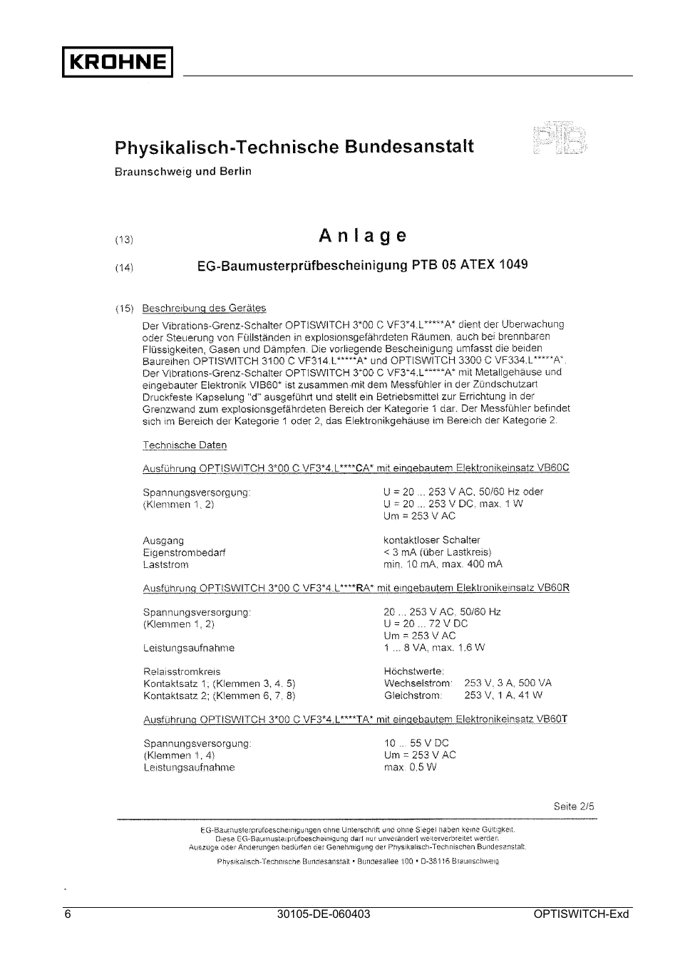 KROHNE OPTISWITCH 3x00 Ex II1_2G-II2G-EExd IICT6 DE User Manual | Page 6 / 32