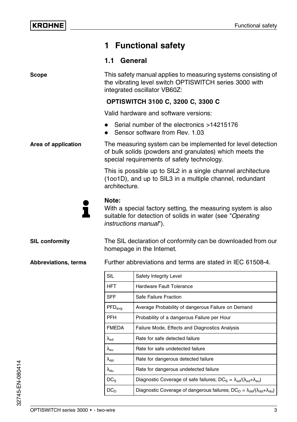 1 functional safety, 1 general, 1 f unctional safety | KROHNE OPTISWITCH 3x00C 2wire SIL EN User Manual | Page 3 / 24