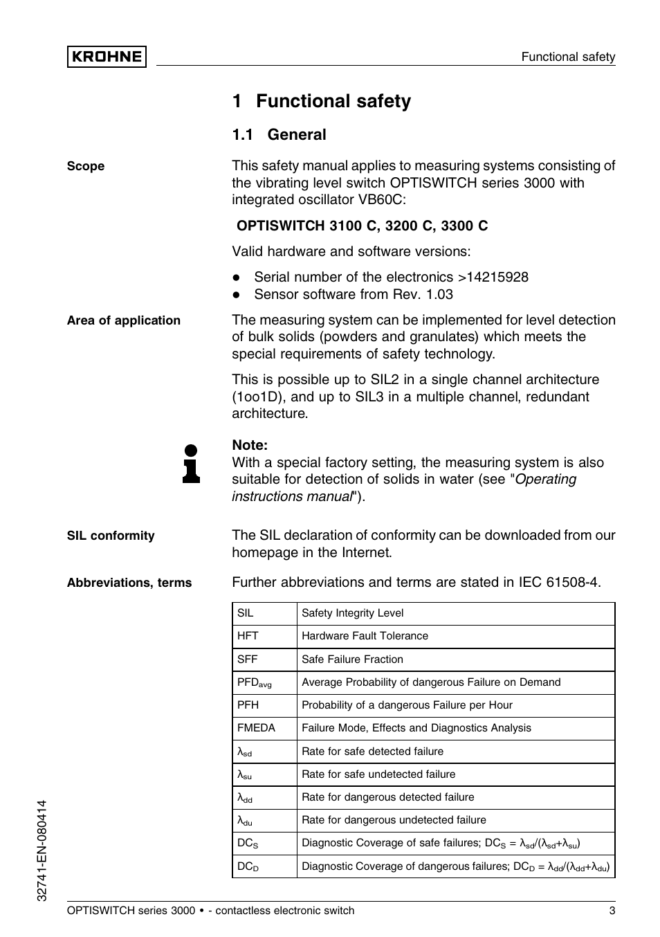 1 functional safety, 1 general, 1 f unctional safety | KROHNE OPTISWITCH 3x00C Contactless SIL EN User Manual | Page 3 / 12