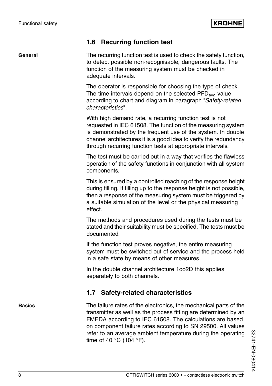 6 recurring function test, 7 safety–related characteristics | KROHNE OPTISWITCH 3x00C Contactless SIL EN User Manual | Page 8 / 12