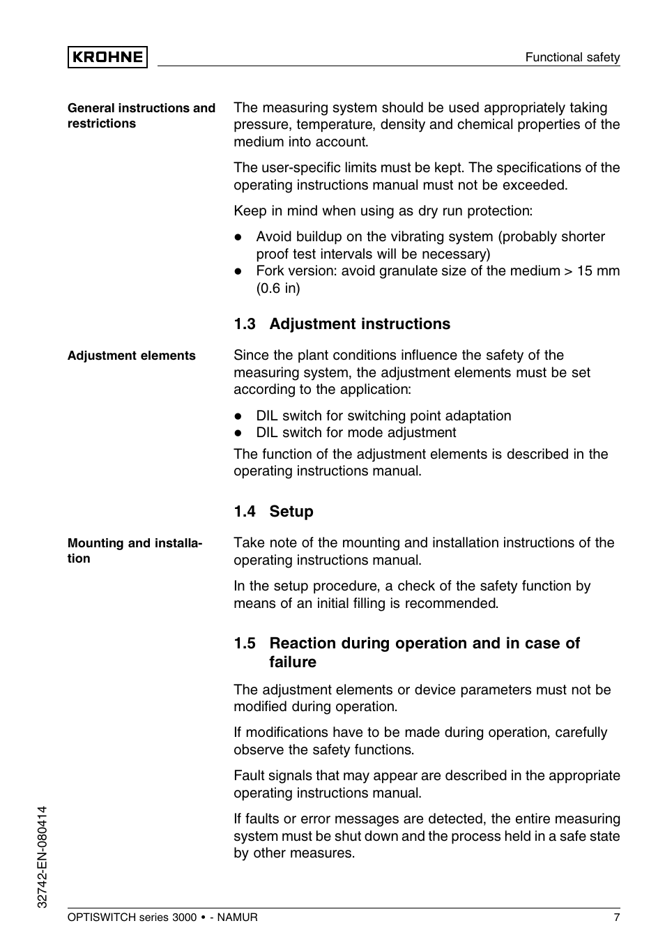 3 adjustment instructions, 4 setup, 5 reaction during operation and in case of failure | KROHNE OPTISWITCH 3x00C NAMUR SIL EN User Manual | Page 7 / 12