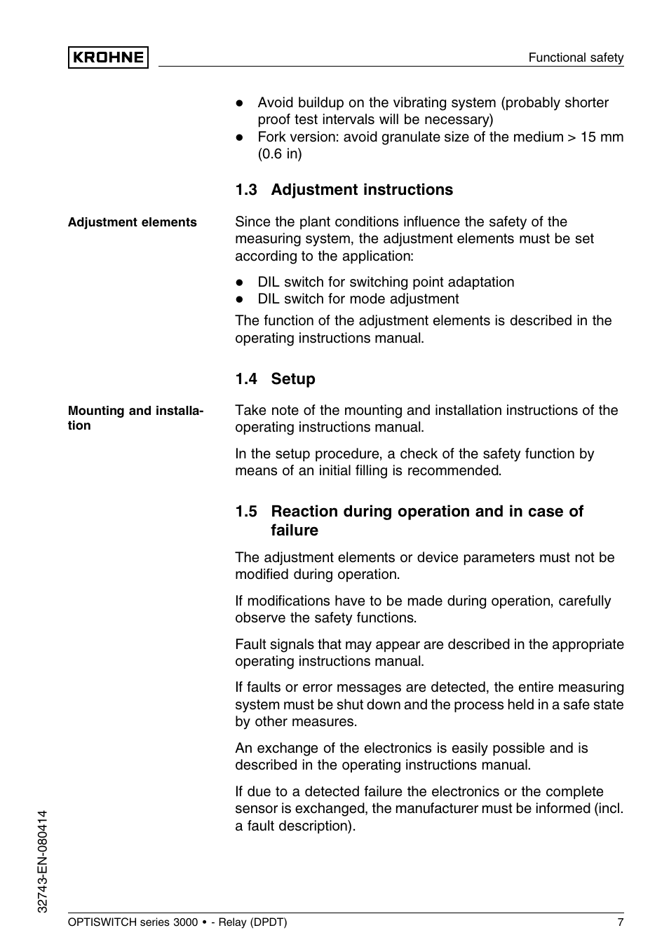 3 adjustment instructions, 4 setup, 5 reaction during operation and in case of failure | KROHNE OPTISWITCH 3x00C Relay SIL EN User Manual | Page 7 / 12