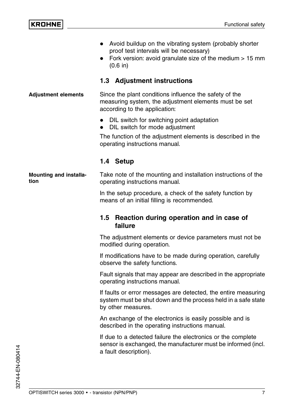 3 adjustment instructions, 4 setup, 5 reaction during operation and in case of failure | KROHNE OPTISWITCH 3x00C Transistor SIL EN User Manual | Page 7 / 12