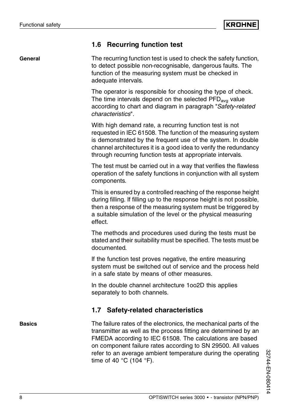 6 recurring function test, 7 safety–related characteristics | KROHNE OPTISWITCH 3x00C Transistor SIL EN User Manual | Page 8 / 12