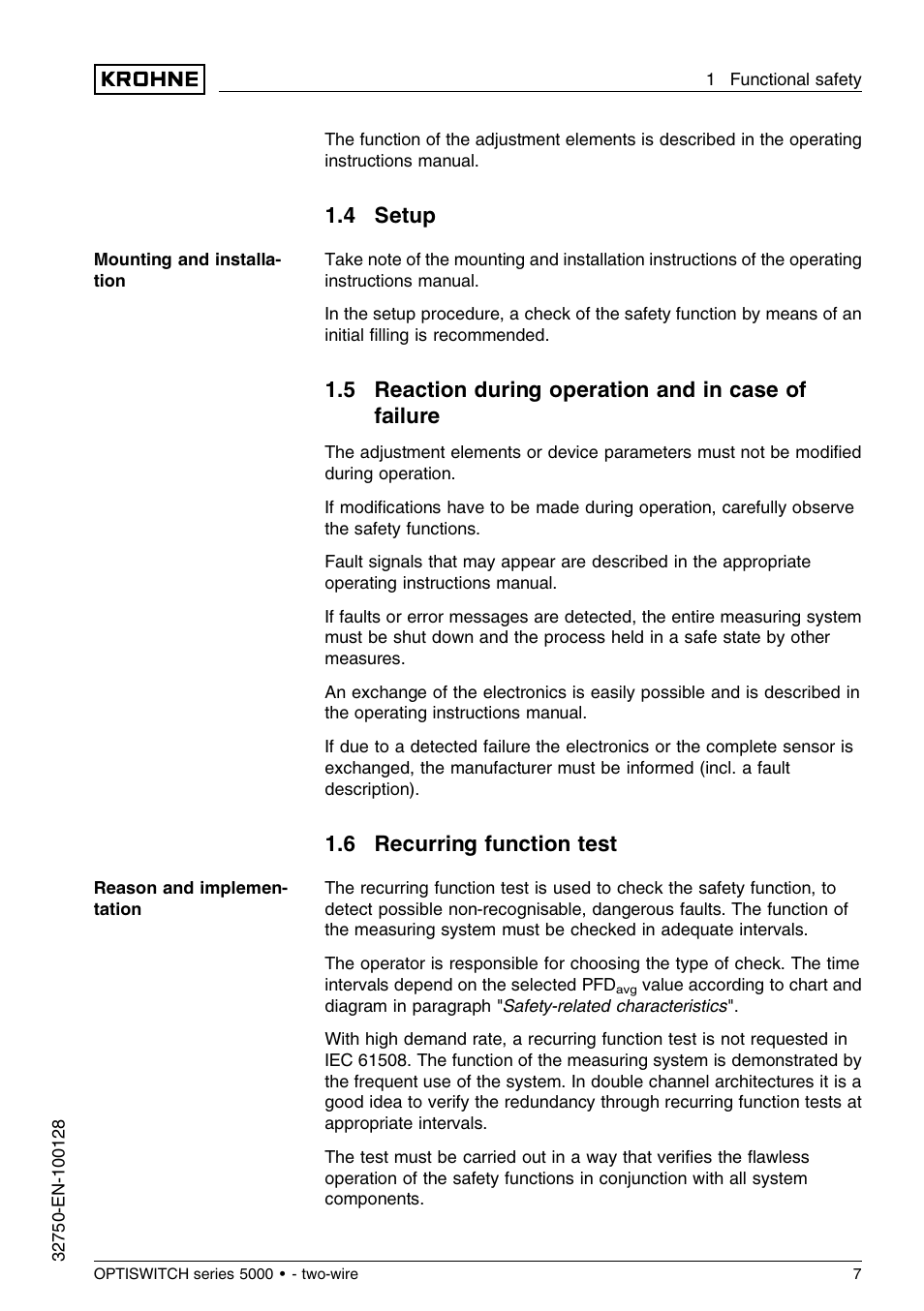 4 setup, 5 reaction during operation and in case of failure, 6 recurring function test | KROHNE OPTISWITCH 5xx0C 2wire SIL EN User Manual | Page 7 / 12