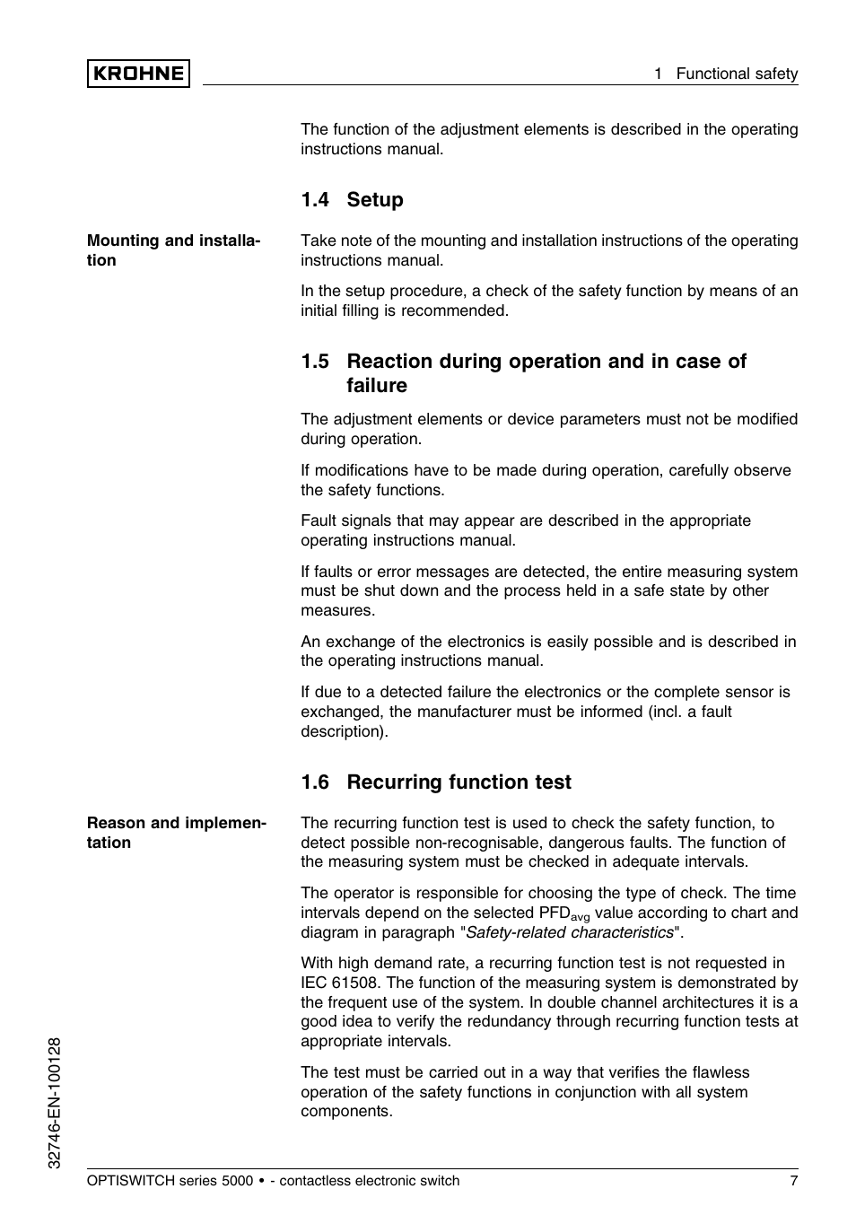 4 setup, 5 reaction during operation and in case of failure, 6 recurring function test | KROHNE OPTISWITCH 5xx0C Contactless SIL EN User Manual | Page 7 / 12