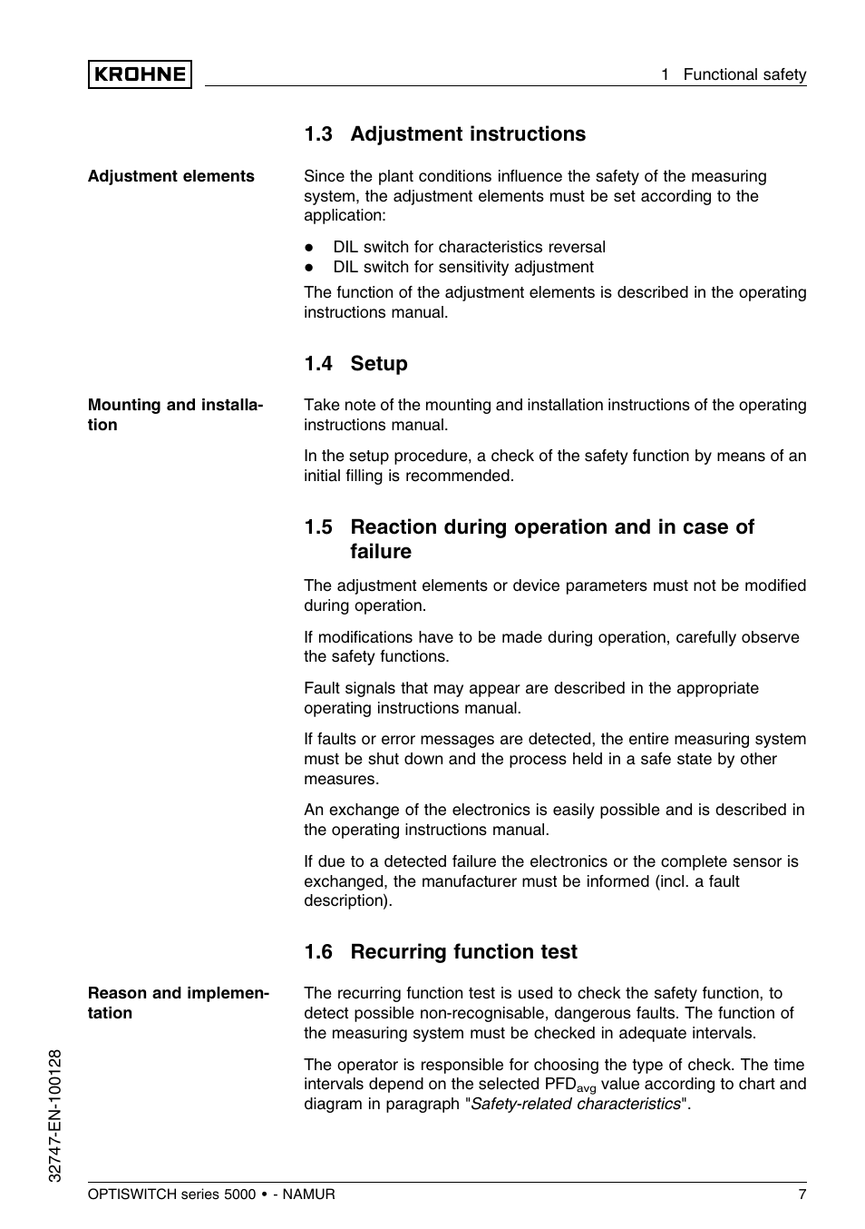 3 adjustment instructions, 4 setup, 5 reaction during operation and in case of failure | 6 recurring function test | KROHNE OPTISWITCH 5xx0C NAMUR SIL EN User Manual | Page 7 / 12