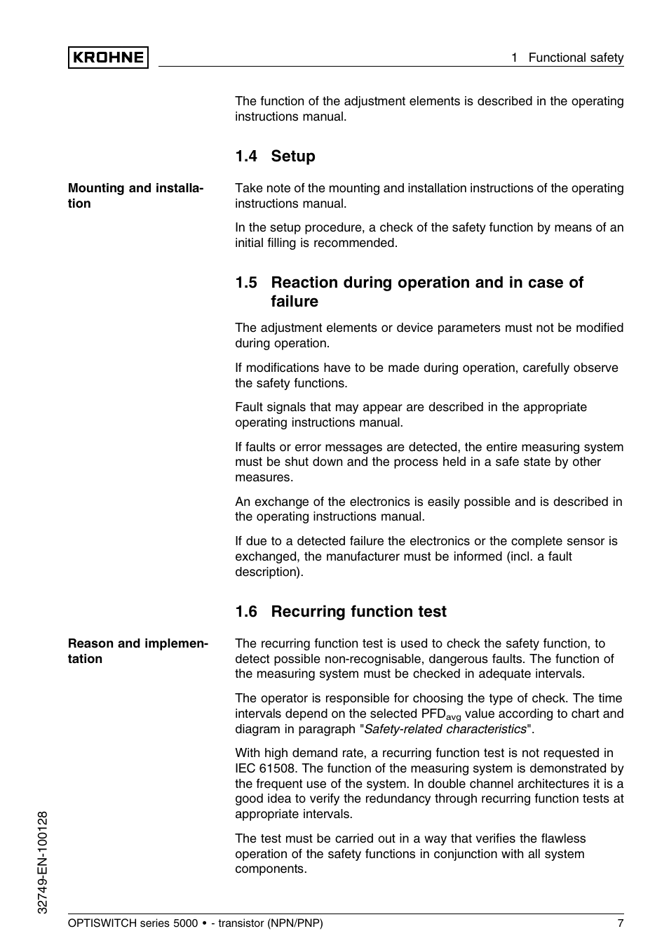 4 setup, 5 reaction during operation and in case of failure, 6 recurring function test | KROHNE OPTISWITCH 5xx0C Transistor SIL EN User Manual | Page 7 / 12