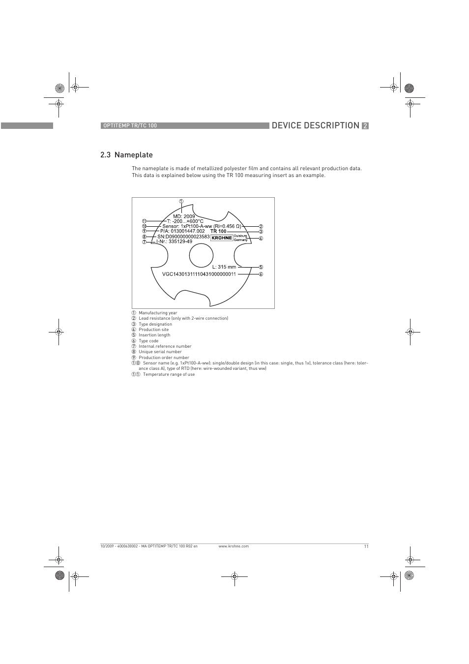 Device description, 3 nameplate | KROHNE OPTITEMP TR 100-TC 100 EN User Manual | Page 11 / 37
