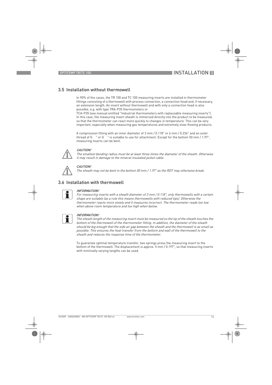 Installation, 5 installation without thermowell, 6 installation with thermowell | KROHNE OPTITEMP TR 100-TC 100 EN User Manual | Page 13 / 37