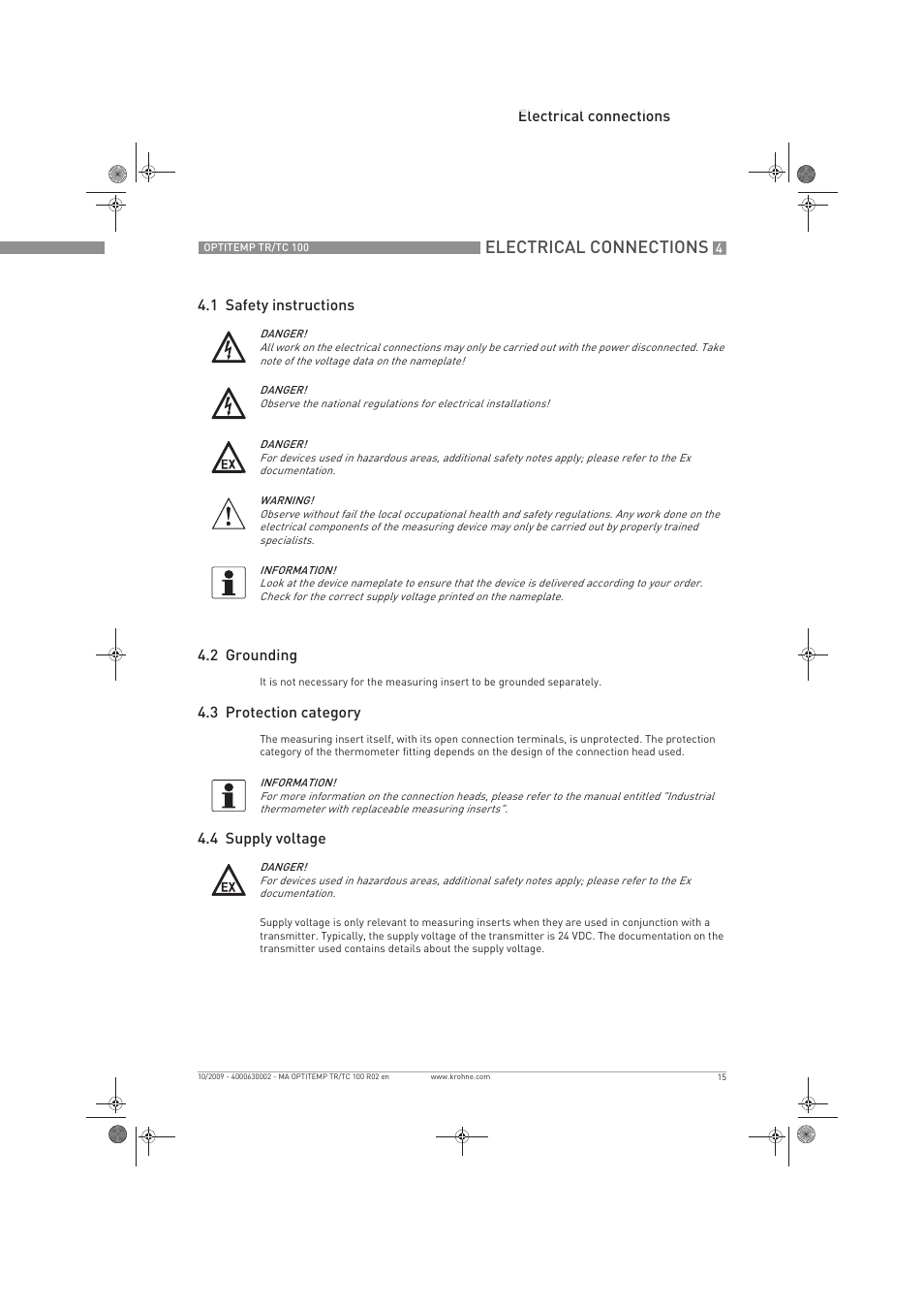 Electrical connections | KROHNE OPTITEMP TR 100-TC 100 EN User Manual | Page 15 / 37
