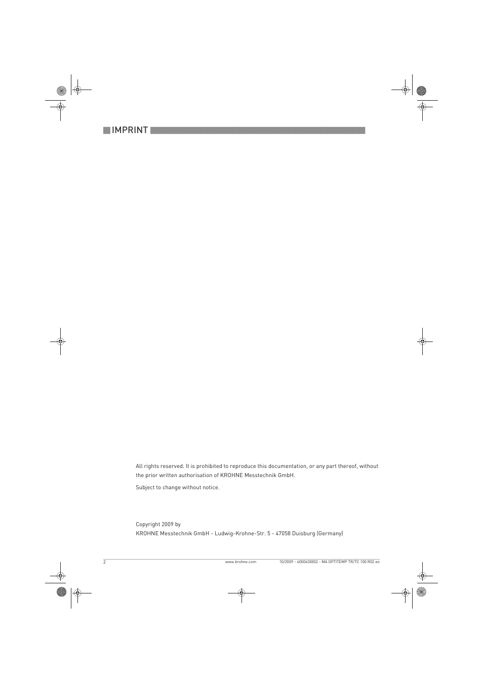 Imprint | KROHNE OPTITEMP TR 100-TC 100 EN User Manual | Page 2 / 37