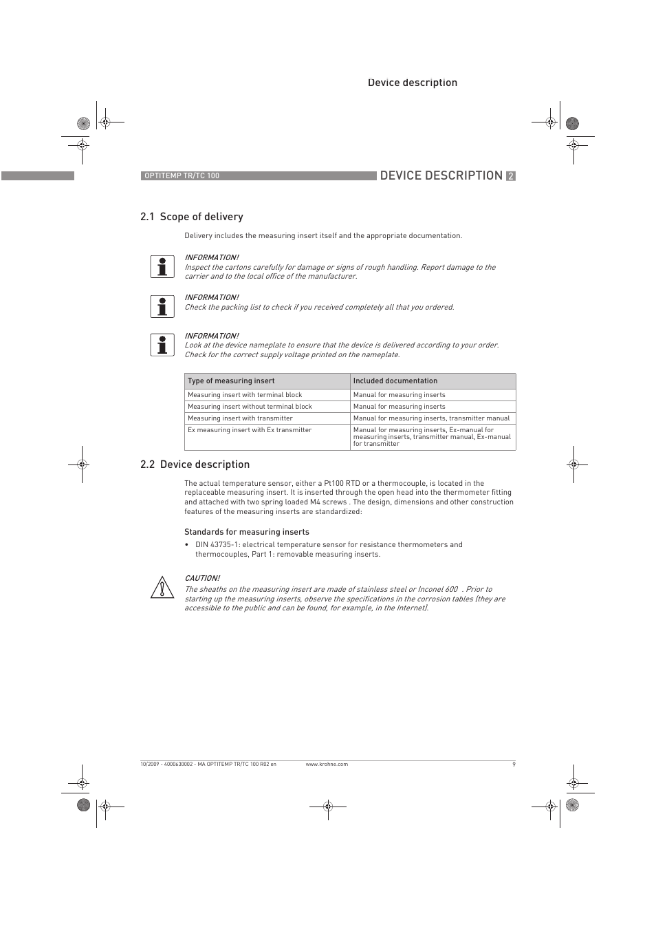 Device description, Device description 2.1 scope of delivery, 2 device description | KROHNE OPTITEMP TR 100-TC 100 EN User Manual | Page 9 / 37