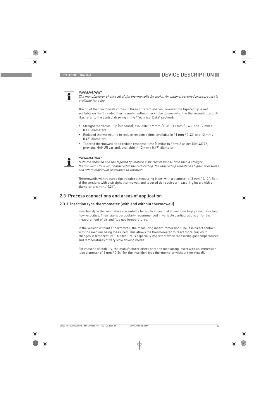 Device description, 3 process connections and areas of application | KROHNE OPTITEMP TRA-TCA EN User Manual | Page 17 / 60