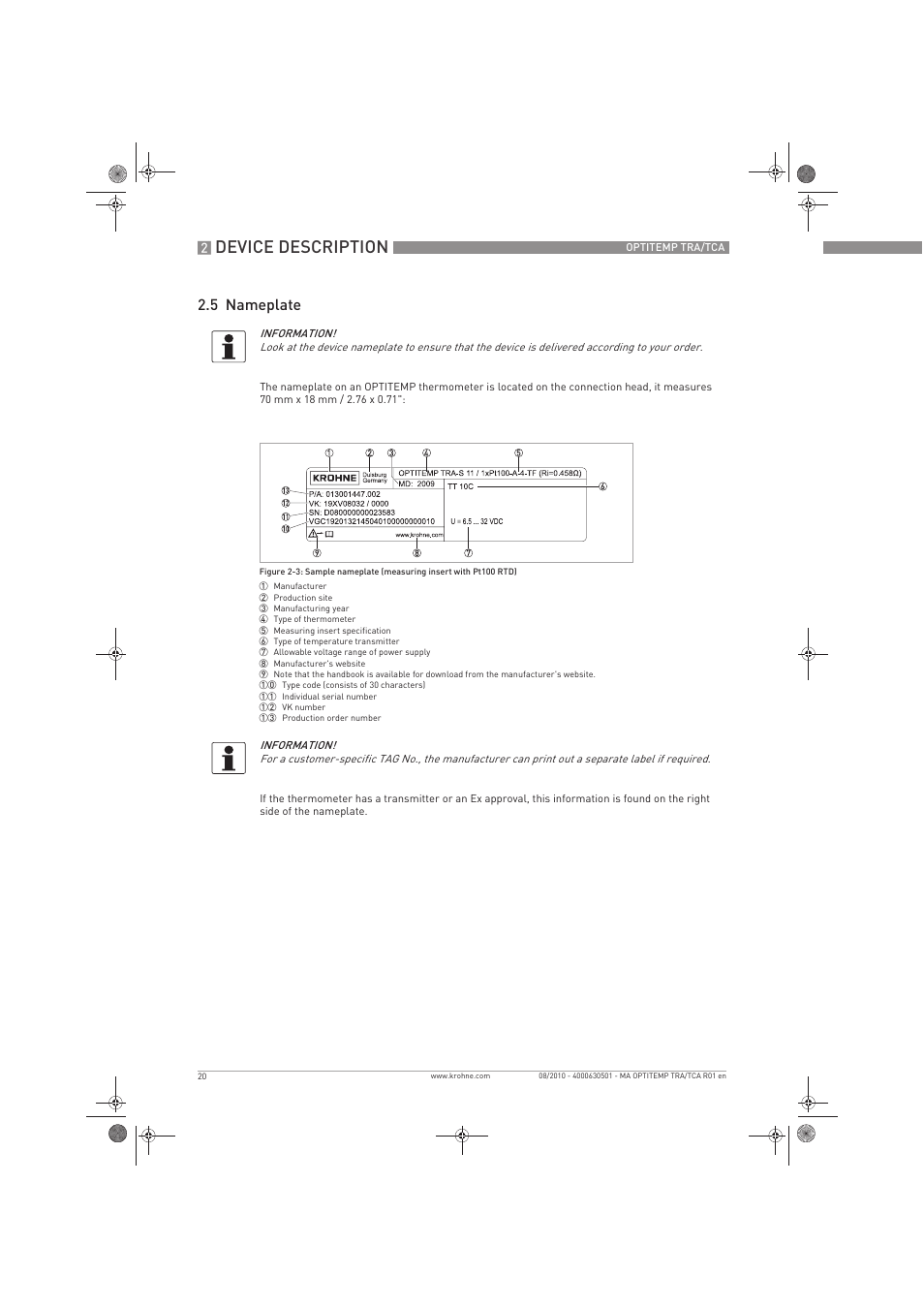 Device description, 5 nameplate | KROHNE OPTITEMP TRA-TCA EN User Manual | Page 20 / 60