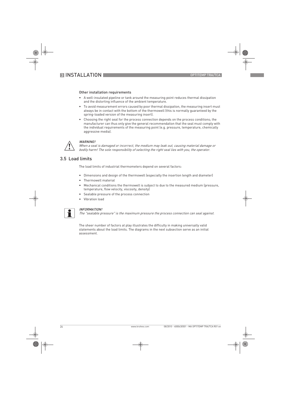 Installation, 5 load limits | KROHNE OPTITEMP TRA-TCA EN User Manual | Page 24 / 60