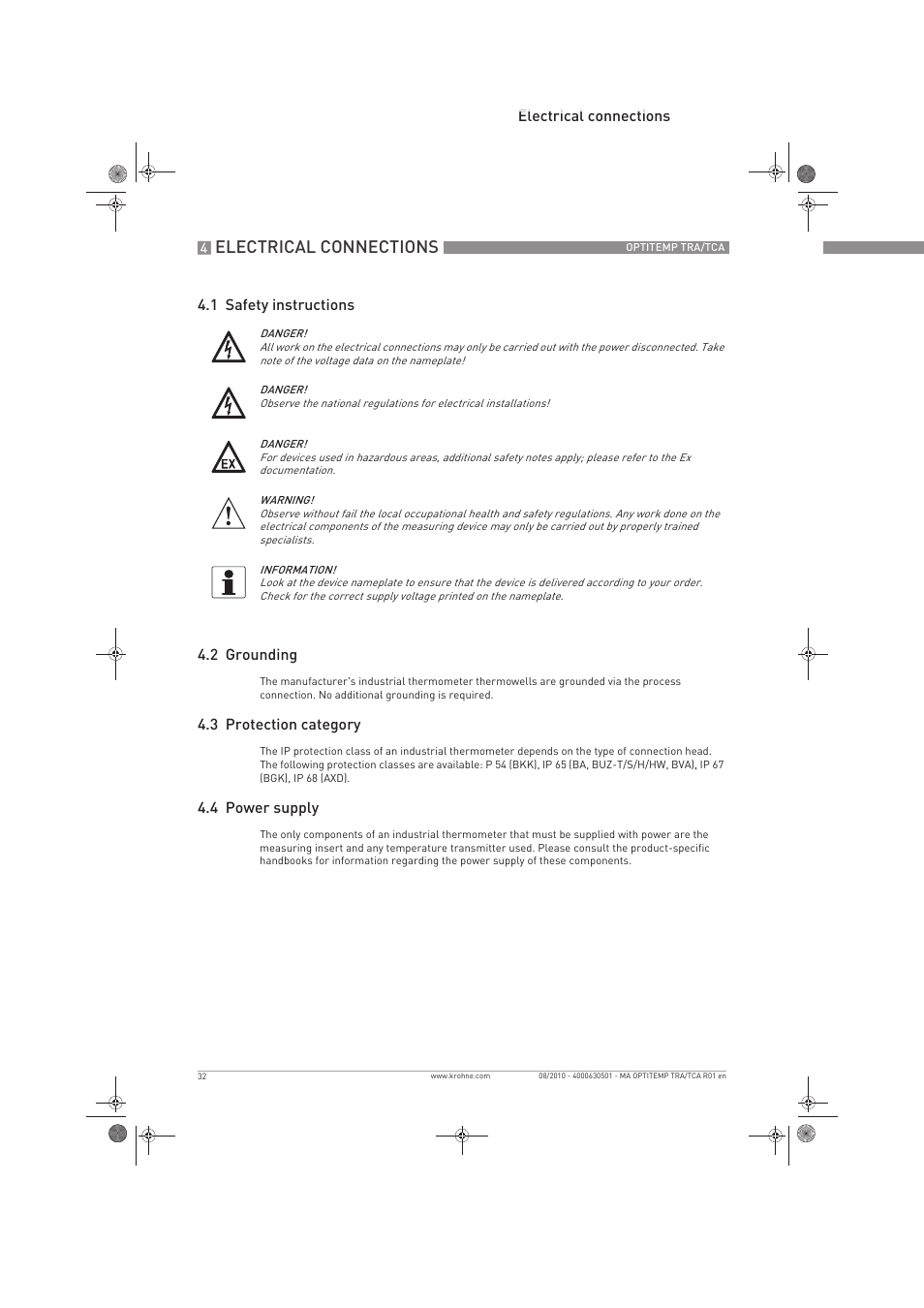 Electrical connections | KROHNE OPTITEMP TRA-TCA EN User Manual | Page 32 / 60