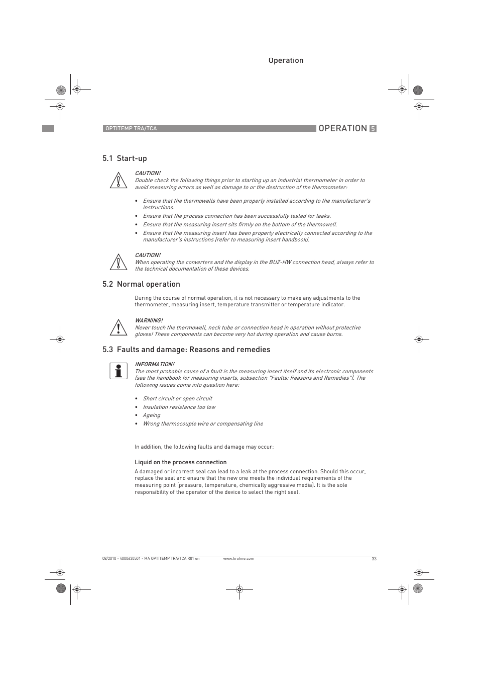 Operation, Operation 5.1 start-up 5.2 normal operation, 3 faults and damage: reasons and remedies | KROHNE OPTITEMP TRA-TCA EN User Manual | Page 33 / 60