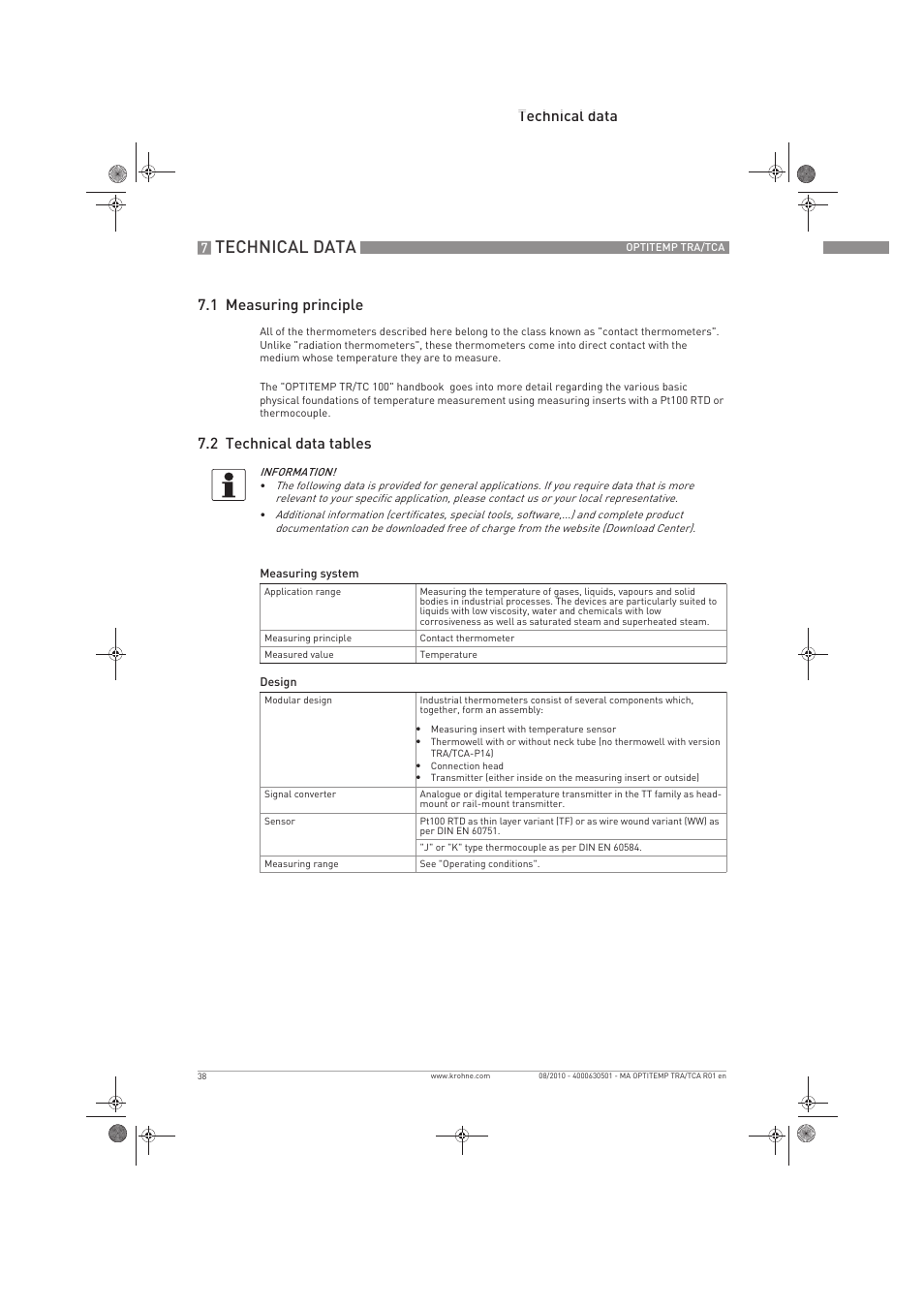 Technical data, Technical data 7.1 measuring principle, 2 technical data tables | KROHNE OPTITEMP TRA-TCA EN User Manual | Page 38 / 60